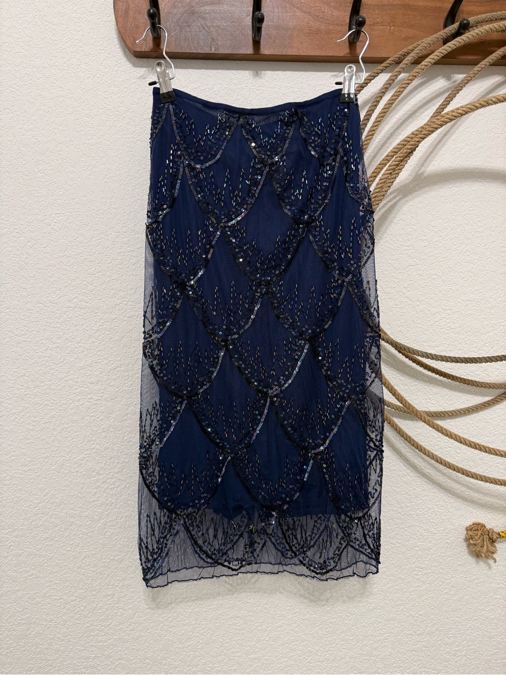 Vintage French Connection Navy Beaded Mesh Scallop Midi Skirt 4
